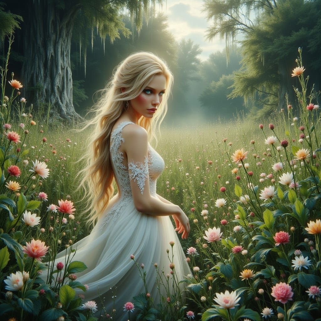 Woman Sowing Balm in Lush Art Nouveau Garden