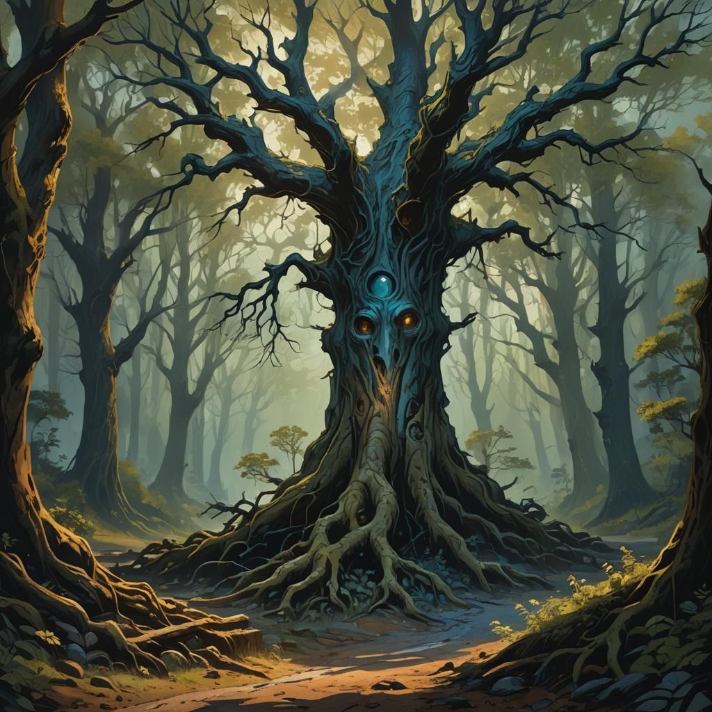 Wounded Tree Soldier in Mystical Forest Concept Art