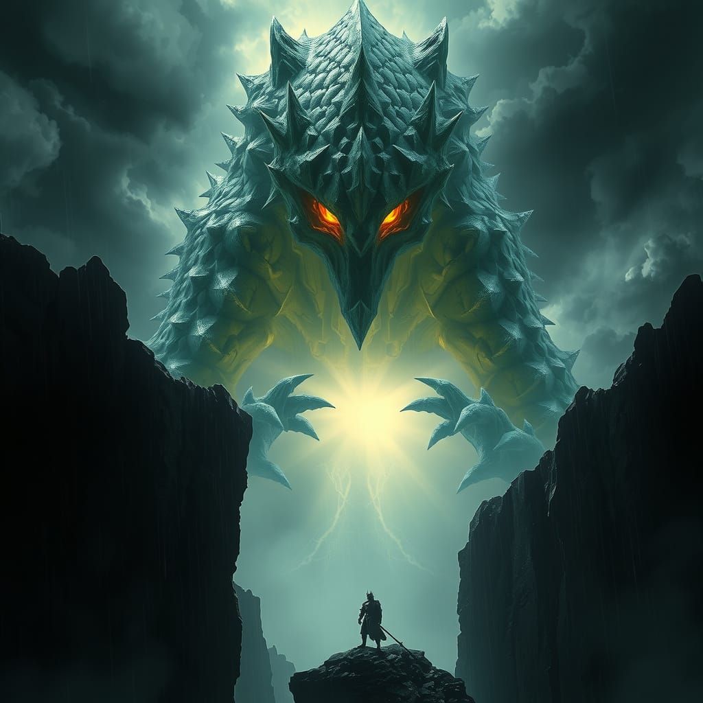 Wrathful Stone God and Knight in Stormy Abyss