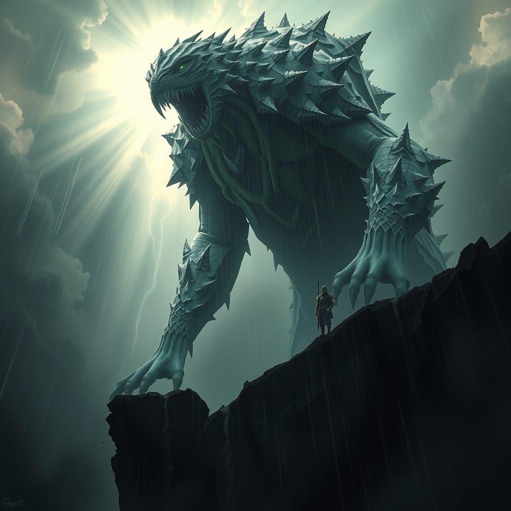 Colossal Stone Creature and Knight in Stormy Landscape
