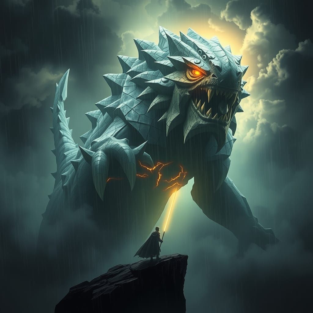 Wrathful Stone Colossus Overlooks Lone Knight in Storm