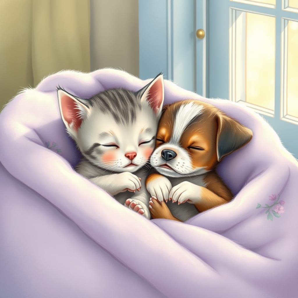 Adorable Kitten and Puppy Snuggle Up in Whimsical Storybook ...