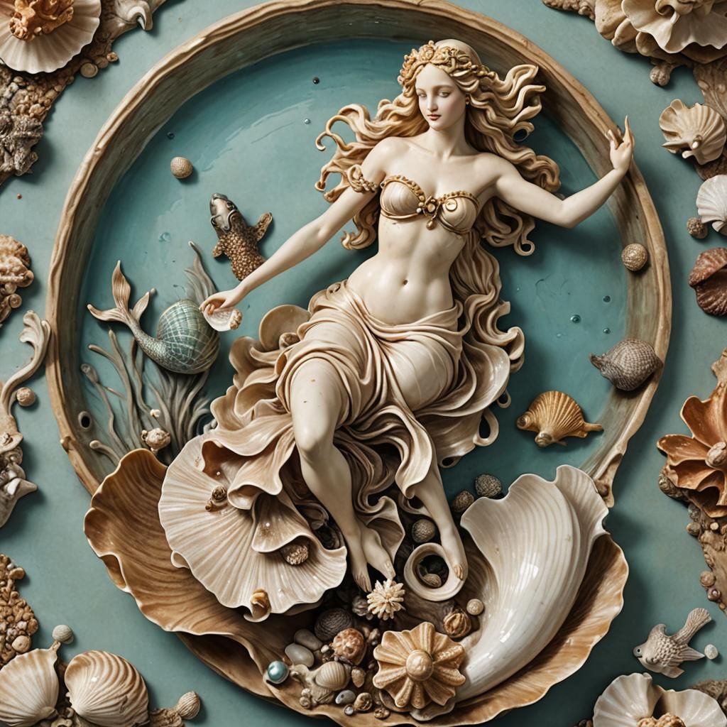Aphrodite and Mermaid Diving on a Shell