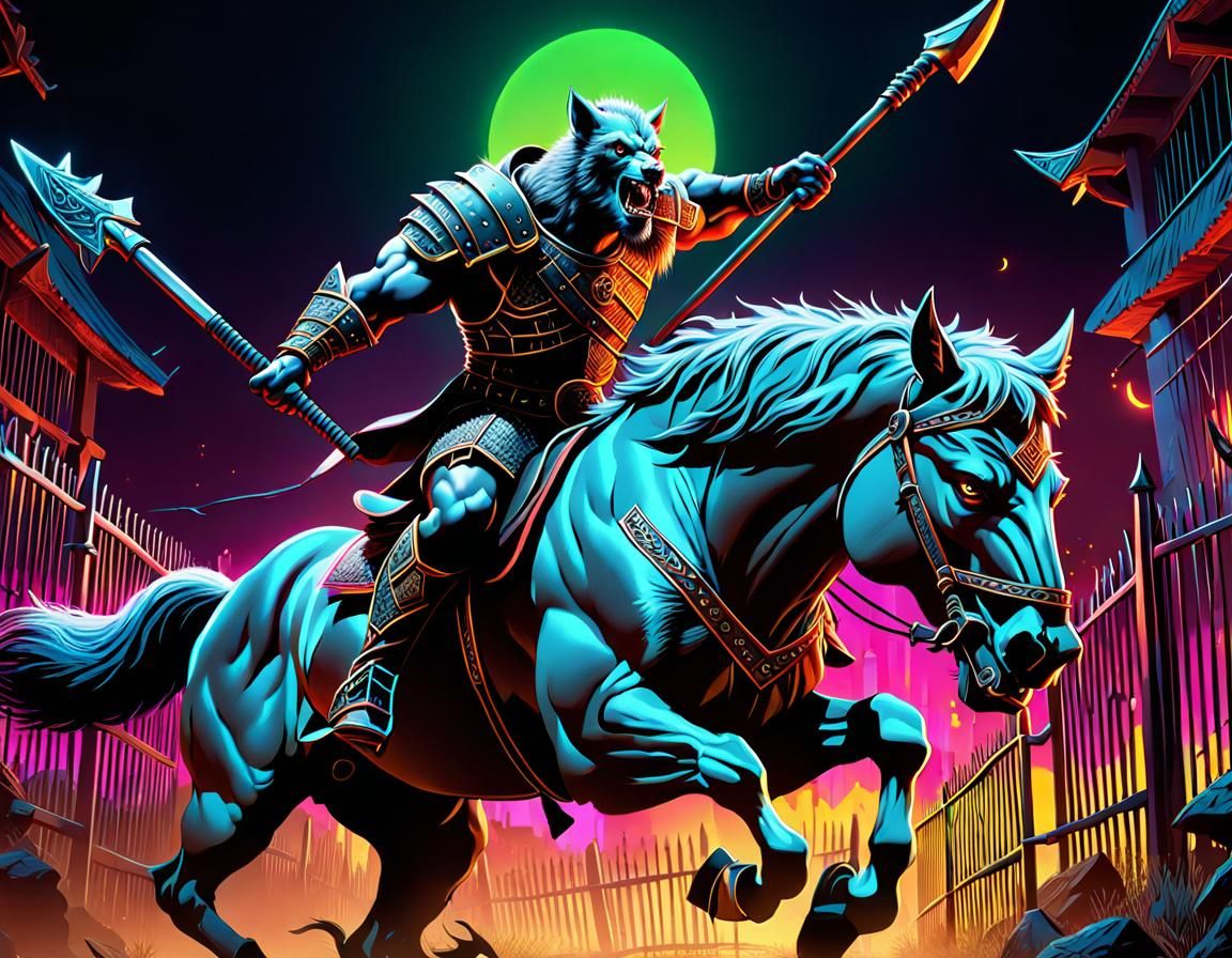 Werewolf Gladiator on Horseback in a Neon Prison
