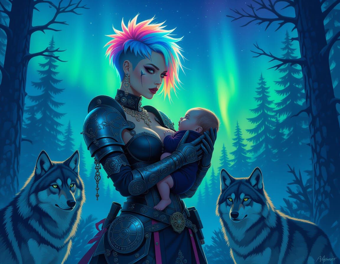 Gothic Mother Warrior in Aurora Forest: Art Nouveau Style