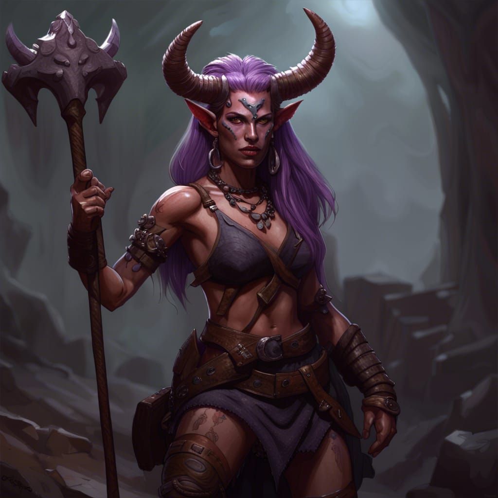Tiefling Barbarian with Great Axe, Dark Fantasy Art