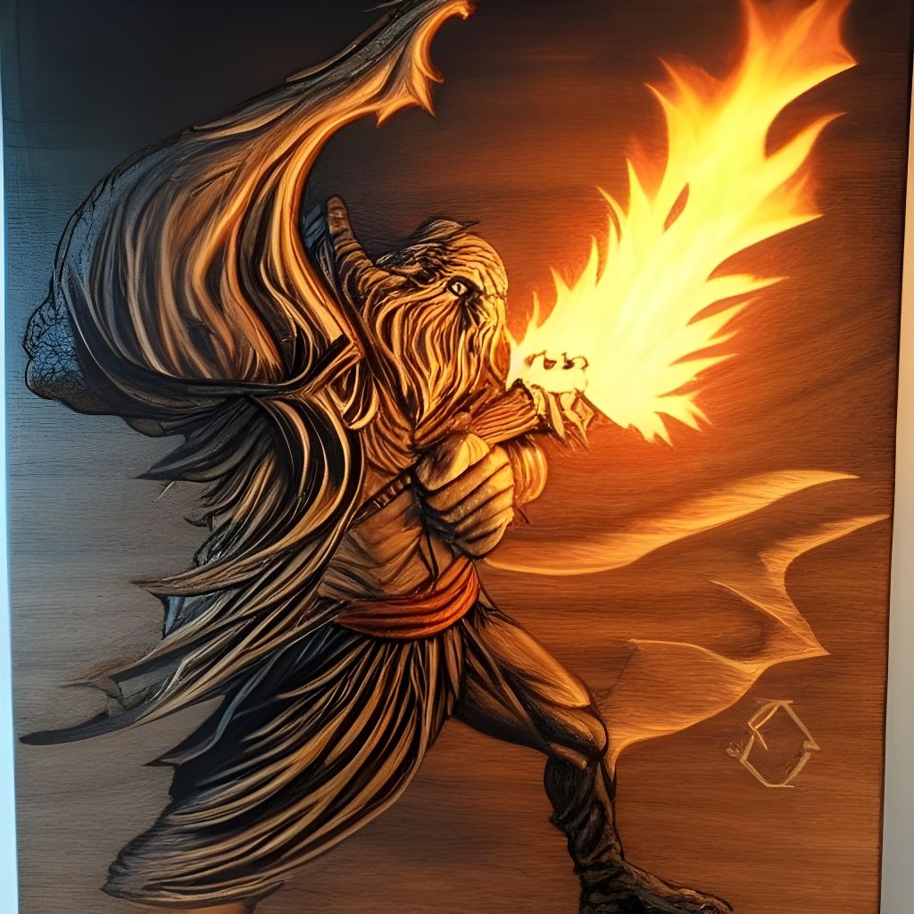 Wizard Battles Balrog in Pyrography Art Style