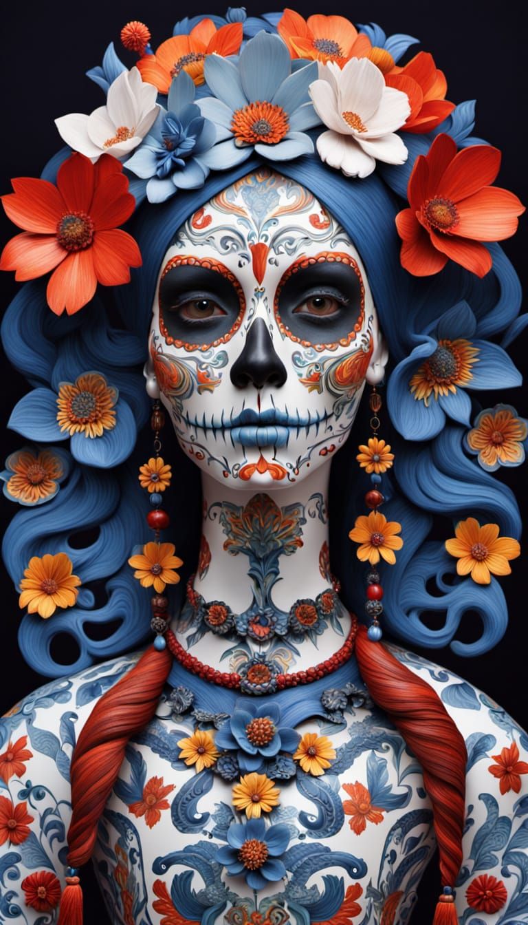 Woman with Delftware Dia de los Muertos Face Painting