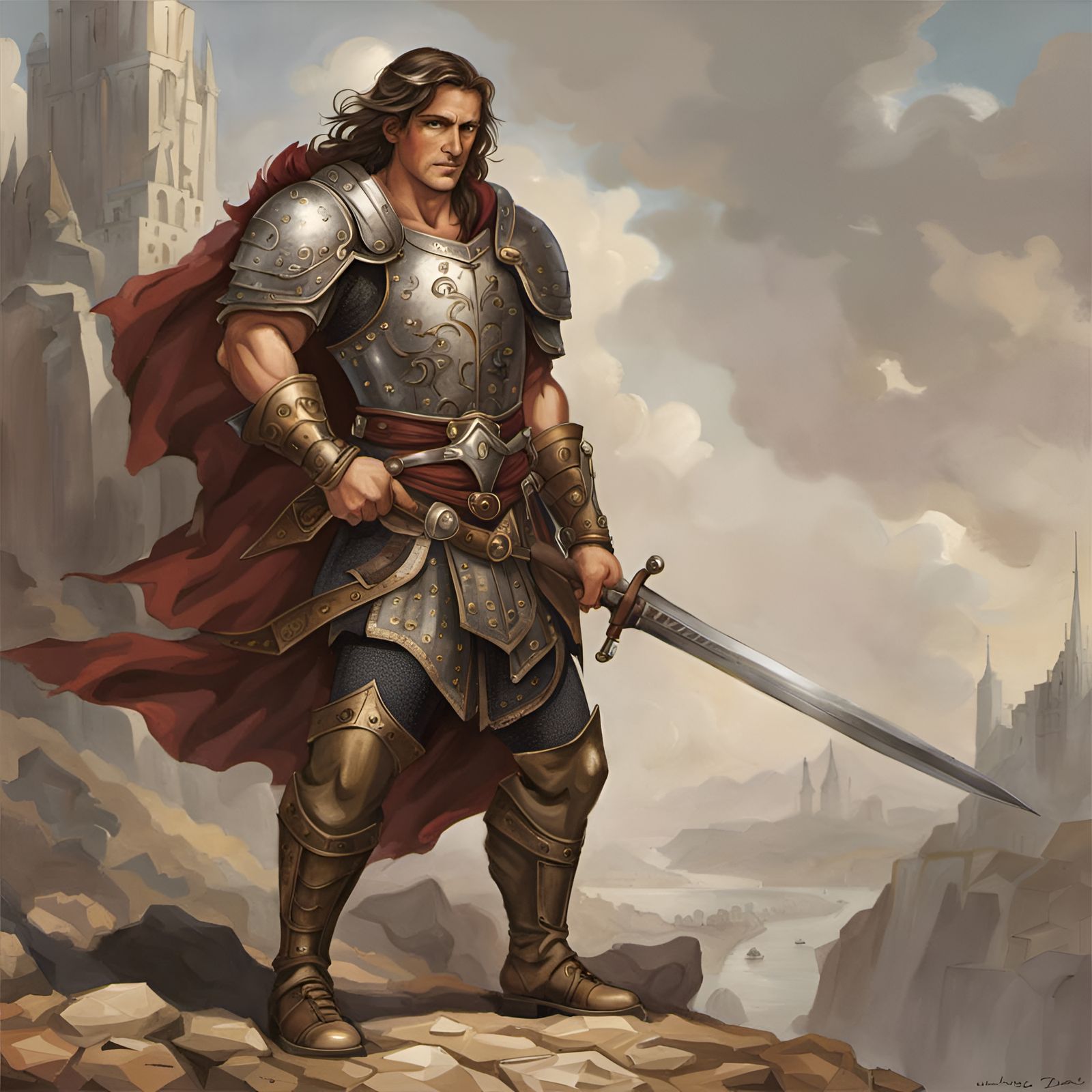 Chubby Warrior in Arena, Ghibli Watercolor Style