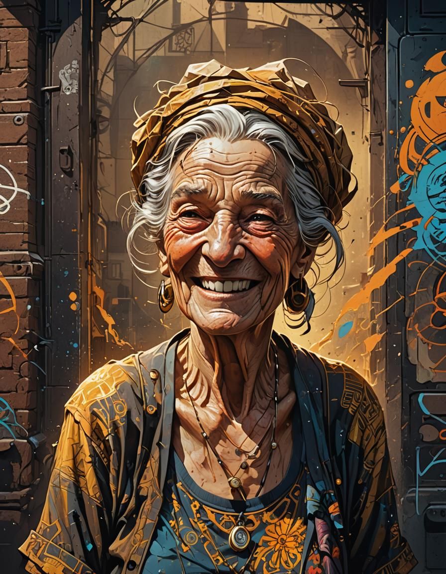 Smiling European Woman in Solarpunk Graffiti Style