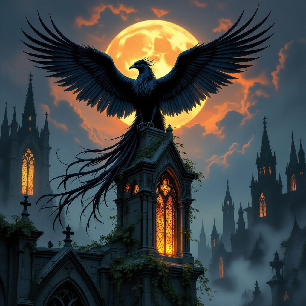 Majestic Obsidian Phoenix on Gothic Cathedral