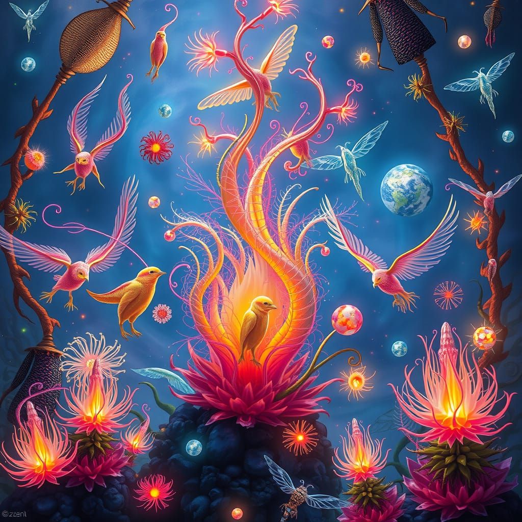 Surrealist Bioluminescent Beings Dance in a Rainbow-Hued Eco...