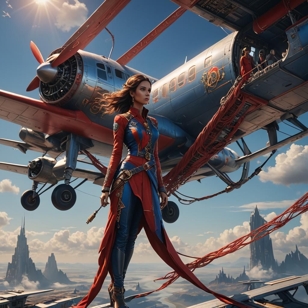 Girl in Red and Blue Maxi on Airplane