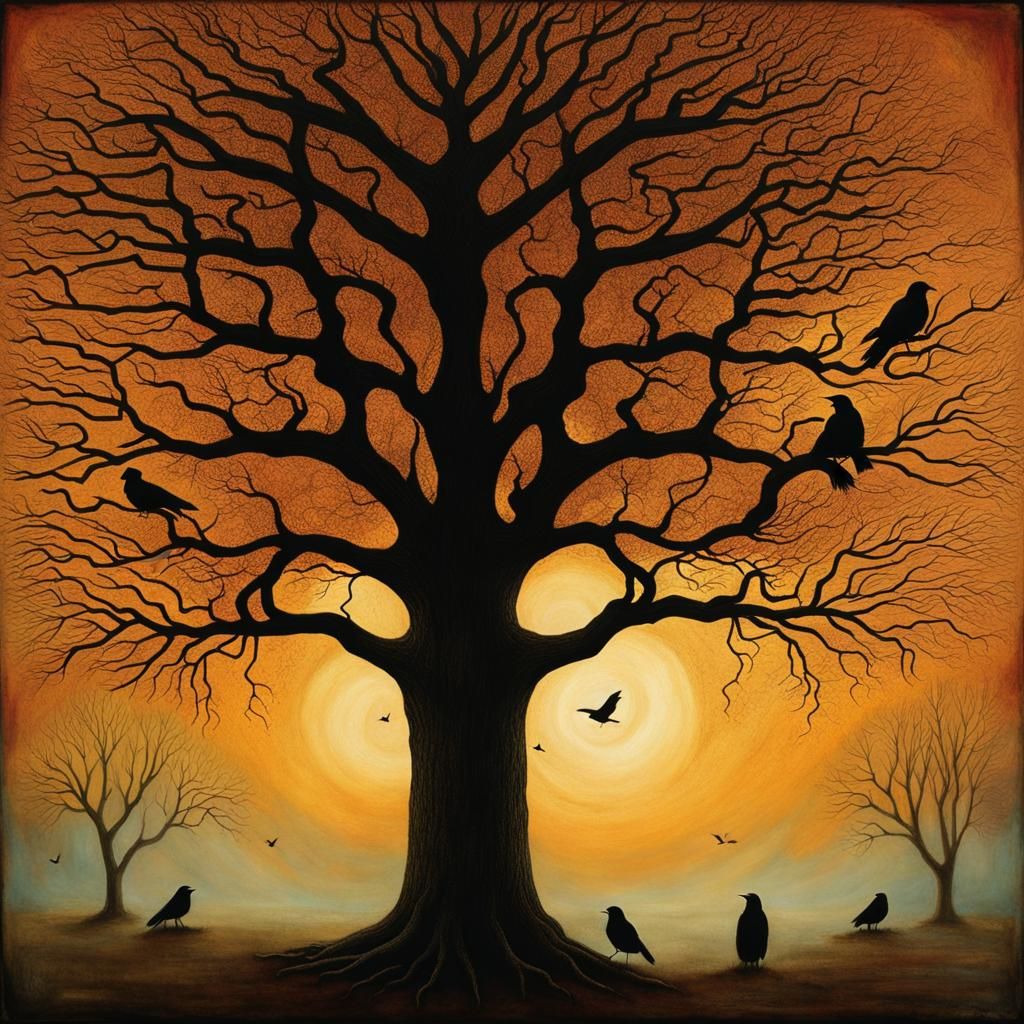 Crows in Mystical Oak Tree: Ethereal Resin Art
