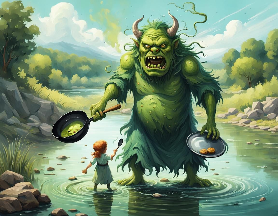 Fantasy Witch Defends Child From River Monster