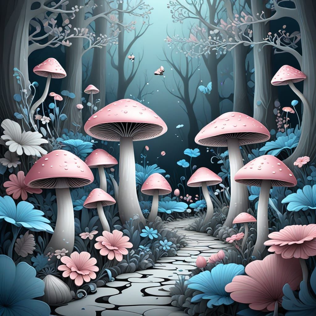 Whimsical Mushroom Fairytale in Vibrant Pink and Blue