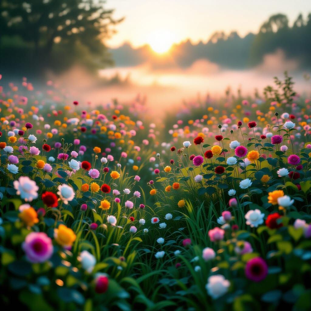 Ethereal Spring Meadow at Dawn with Mystical Fog