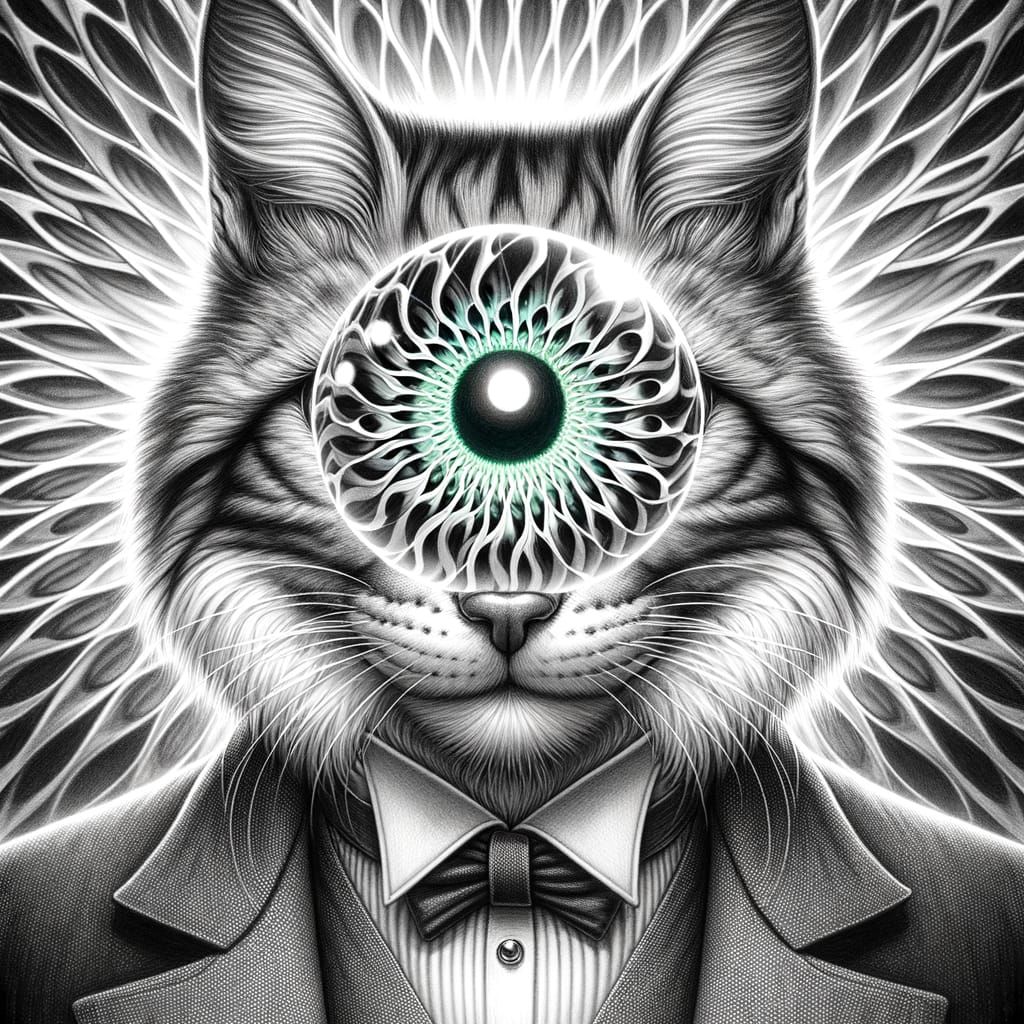Surreal Pencil Sketch of Enchanted Cat with Glowing Optical ...