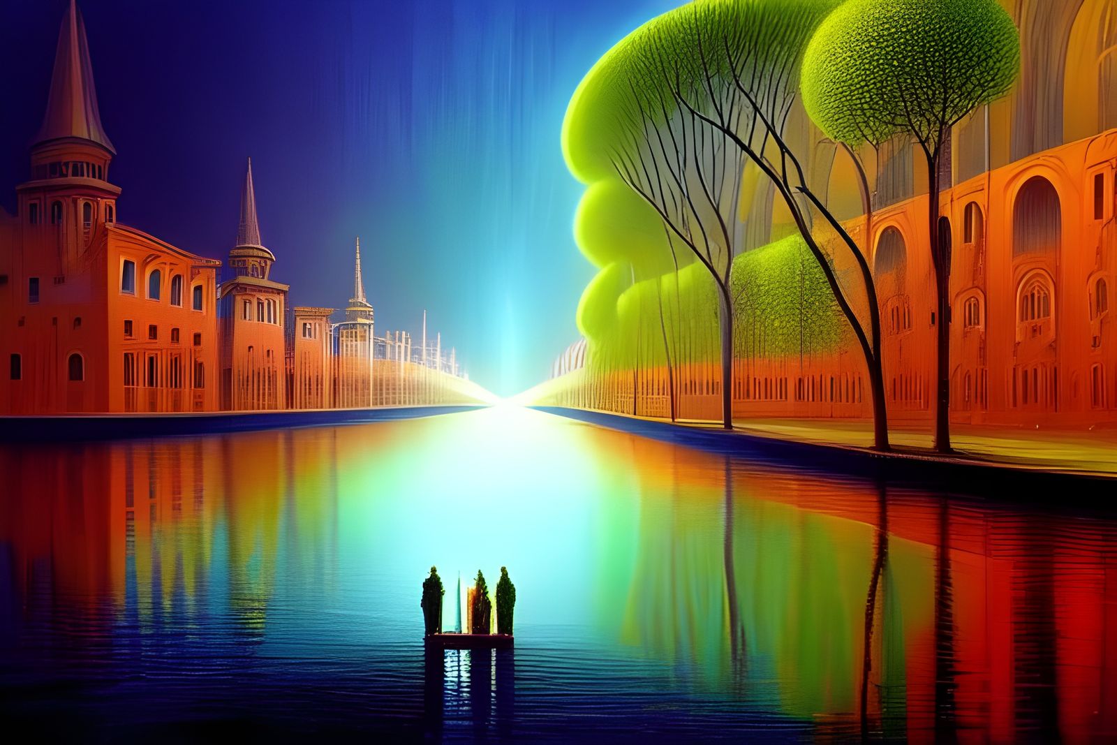 Surreal Liminal Waterway with Ancient Arches and Neon Lights