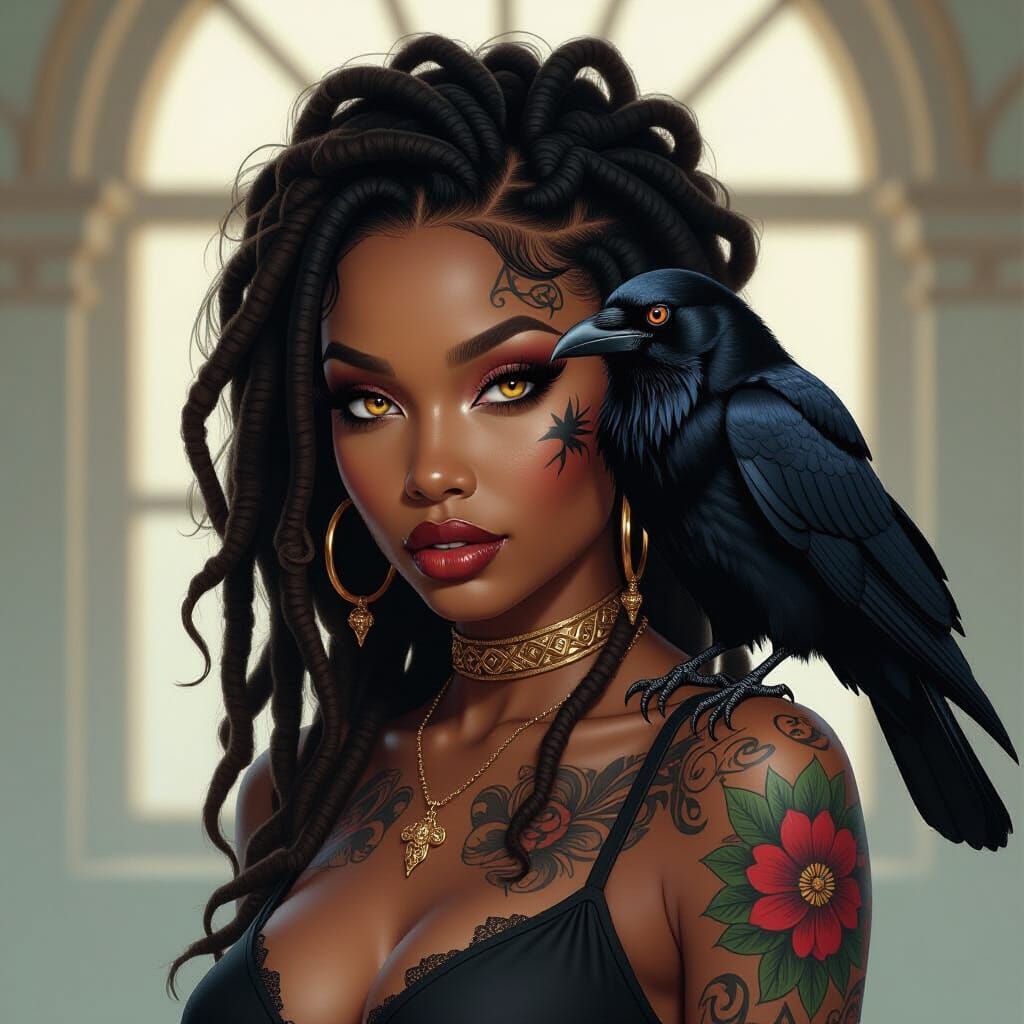 Joker-Inspired African American Woman with Crow and Gold Eye...