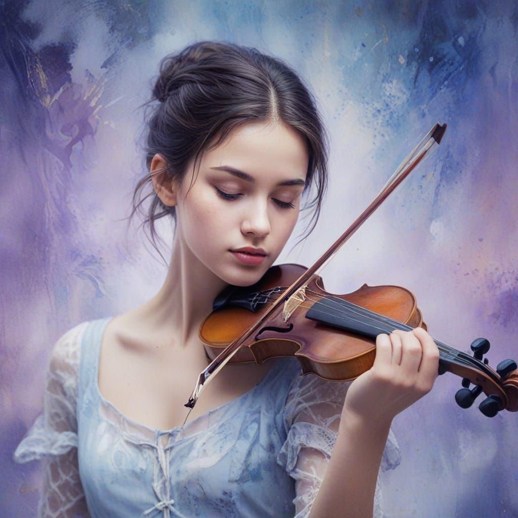 Ethereal Girl Plays Violin in Watercolor Dreamscape