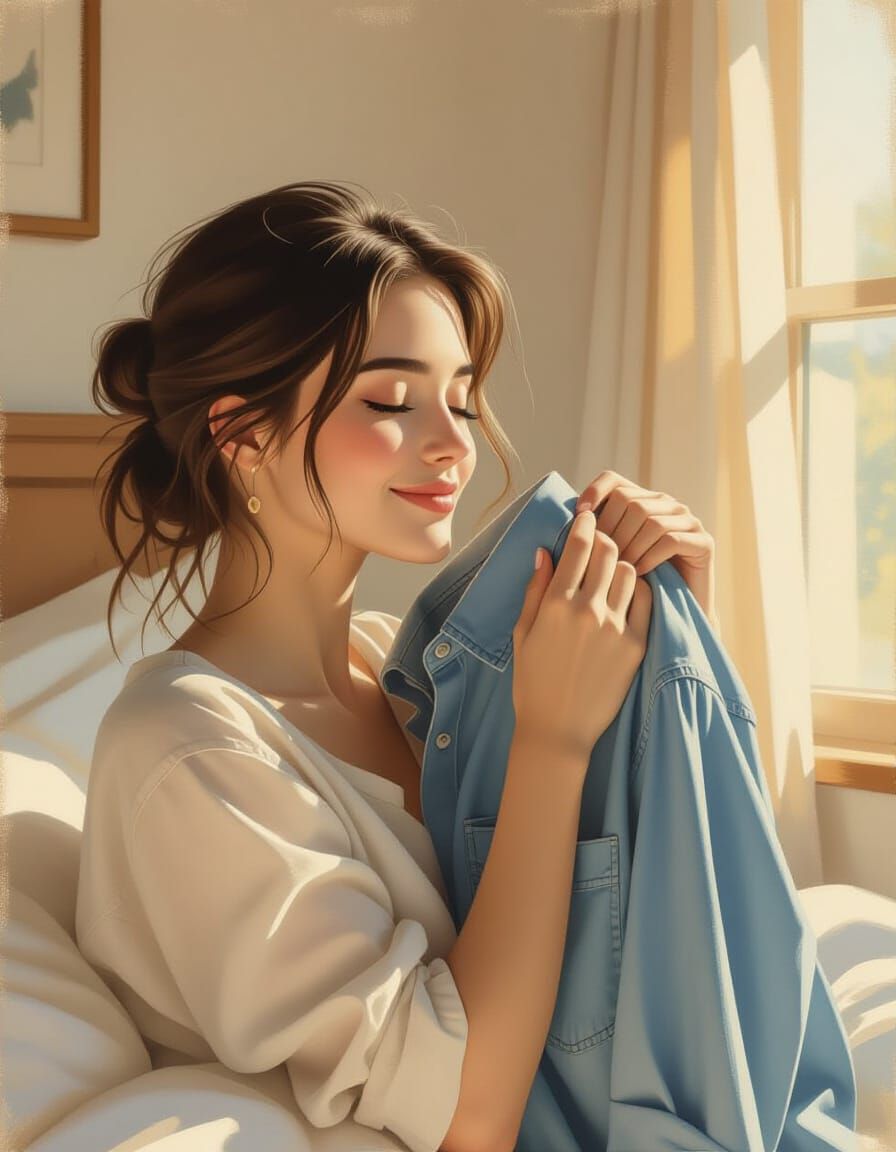 Woman Inhales Scent of Work Shirt in Sunlit Bedroom