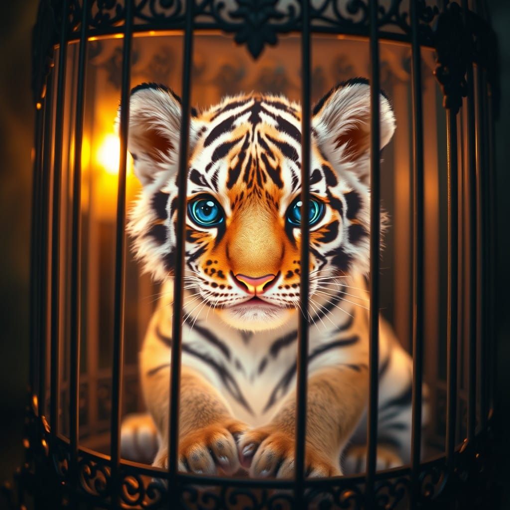Ethereal Tiger Cub in Ornate Cage, Illuminating Dark Room