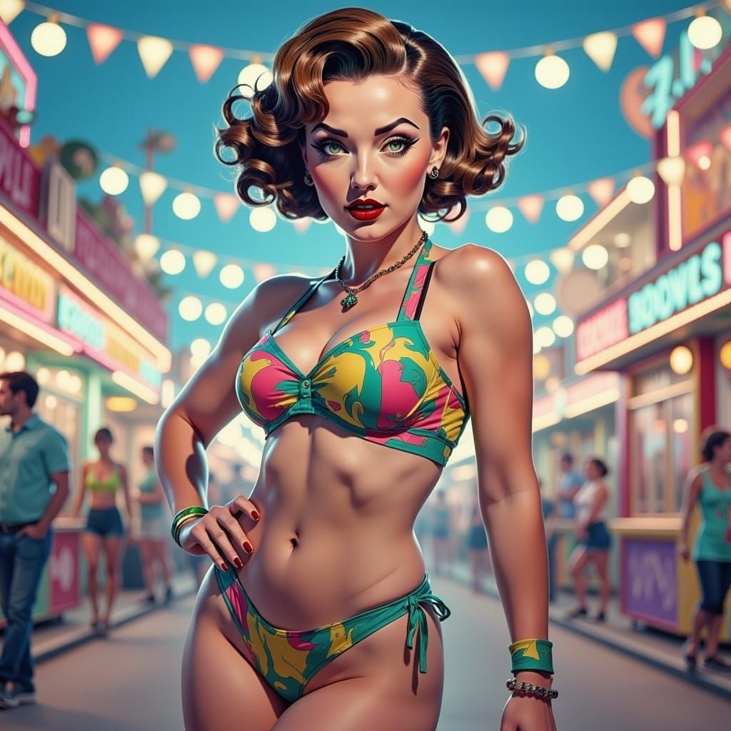 Vibrant Woman in Amusement Park, Anime Style