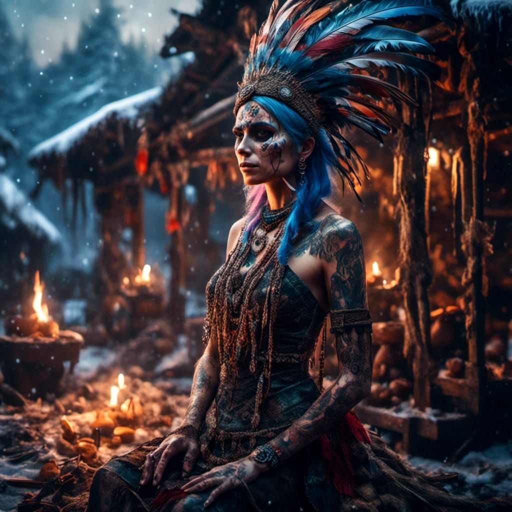 Tattooed Woman as Queen of Skulls in Dark Fantasy