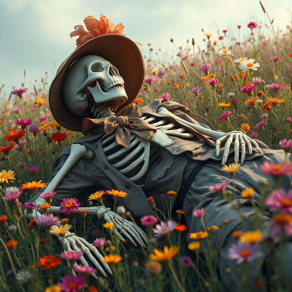 Victorian Skeleton in a Wildflower Field
