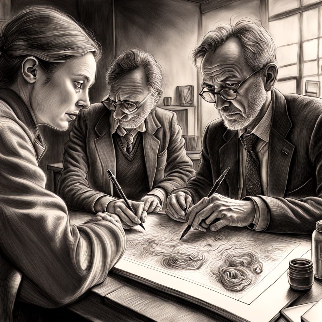 Researchers Brainstorming in Think Tank: Charcoal Drawing