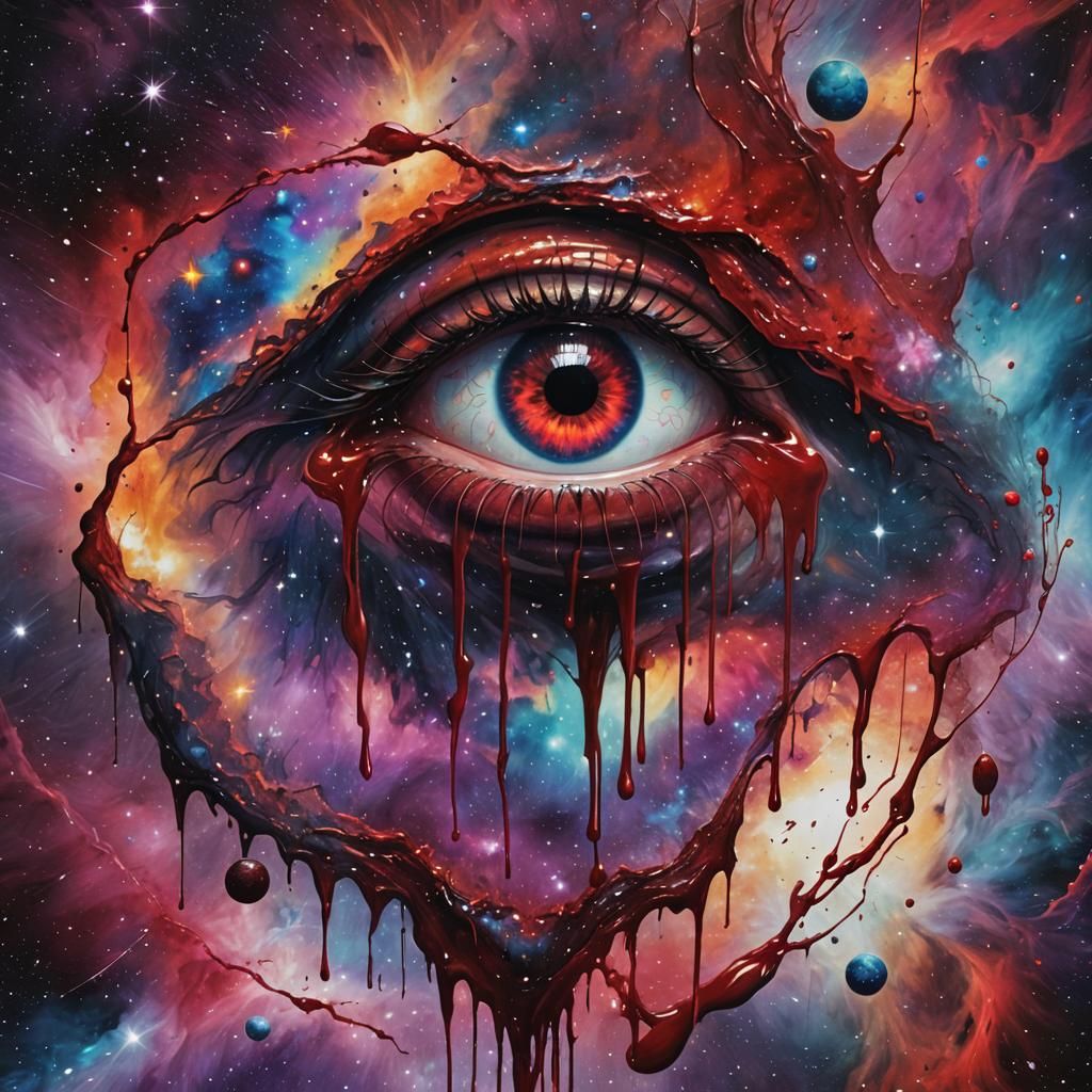 Bleeding Eye Amidst Colorful Cosmic Space