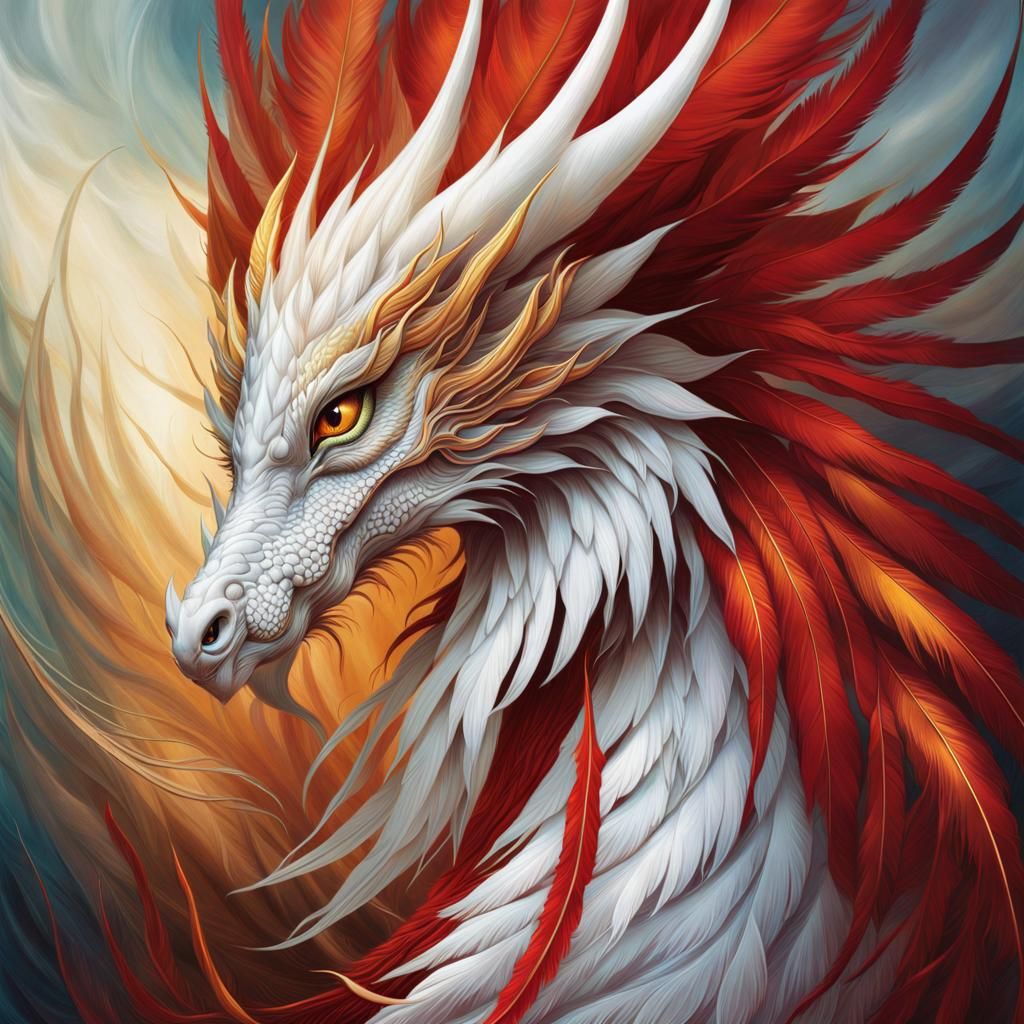 Majestic Metallic Feathered Dragon in Ethereal Illustration