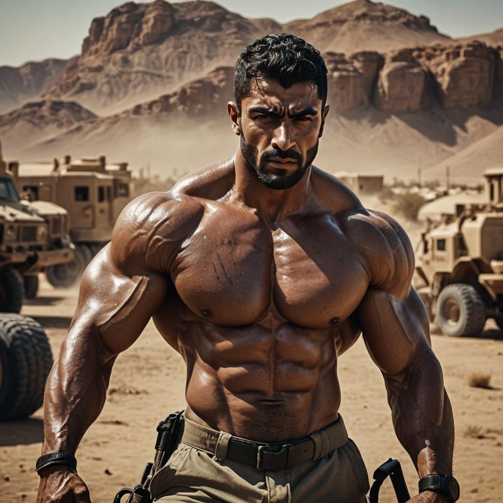 Arab Bodybuilder in Military Gear: Cinematic Digital Art