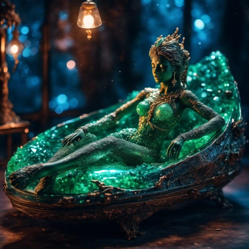 Emerald Goddess Lounging on Sleek Alien Starship