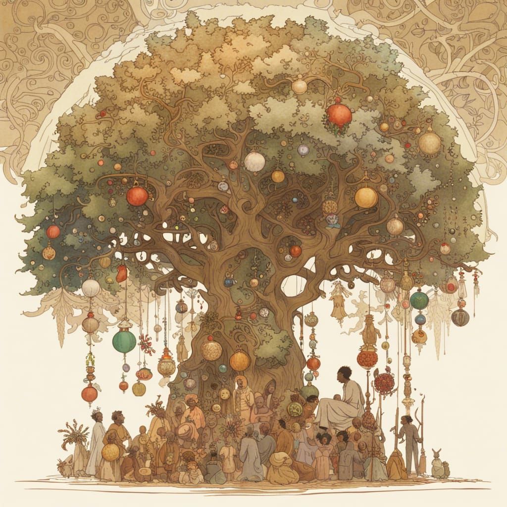 African Christmas Tree in Ghibli Art Nouveau Style