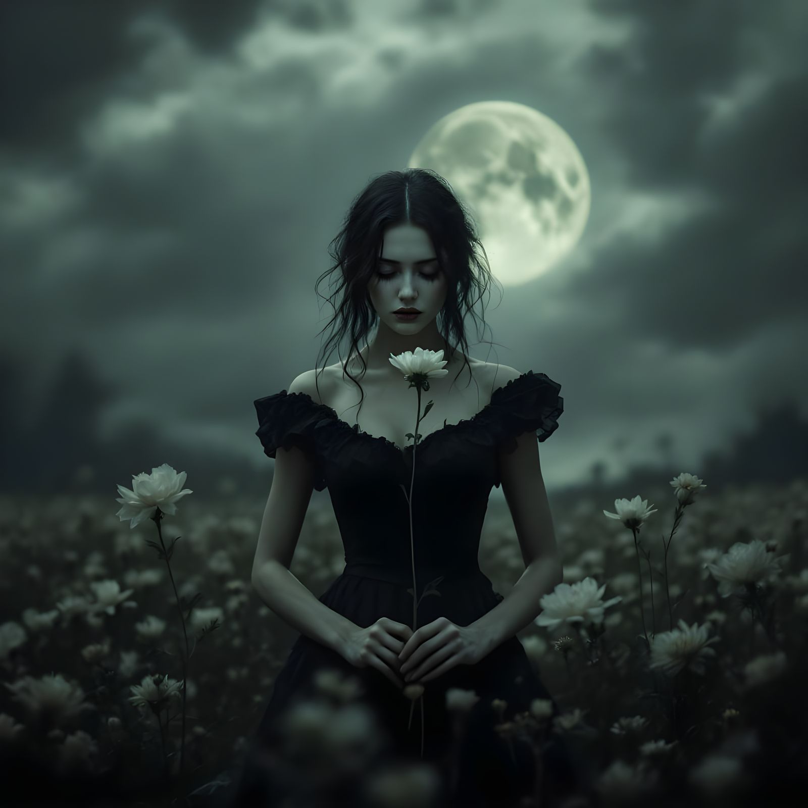 Mourning Woman in a Haunting, Dark Floral Landscape