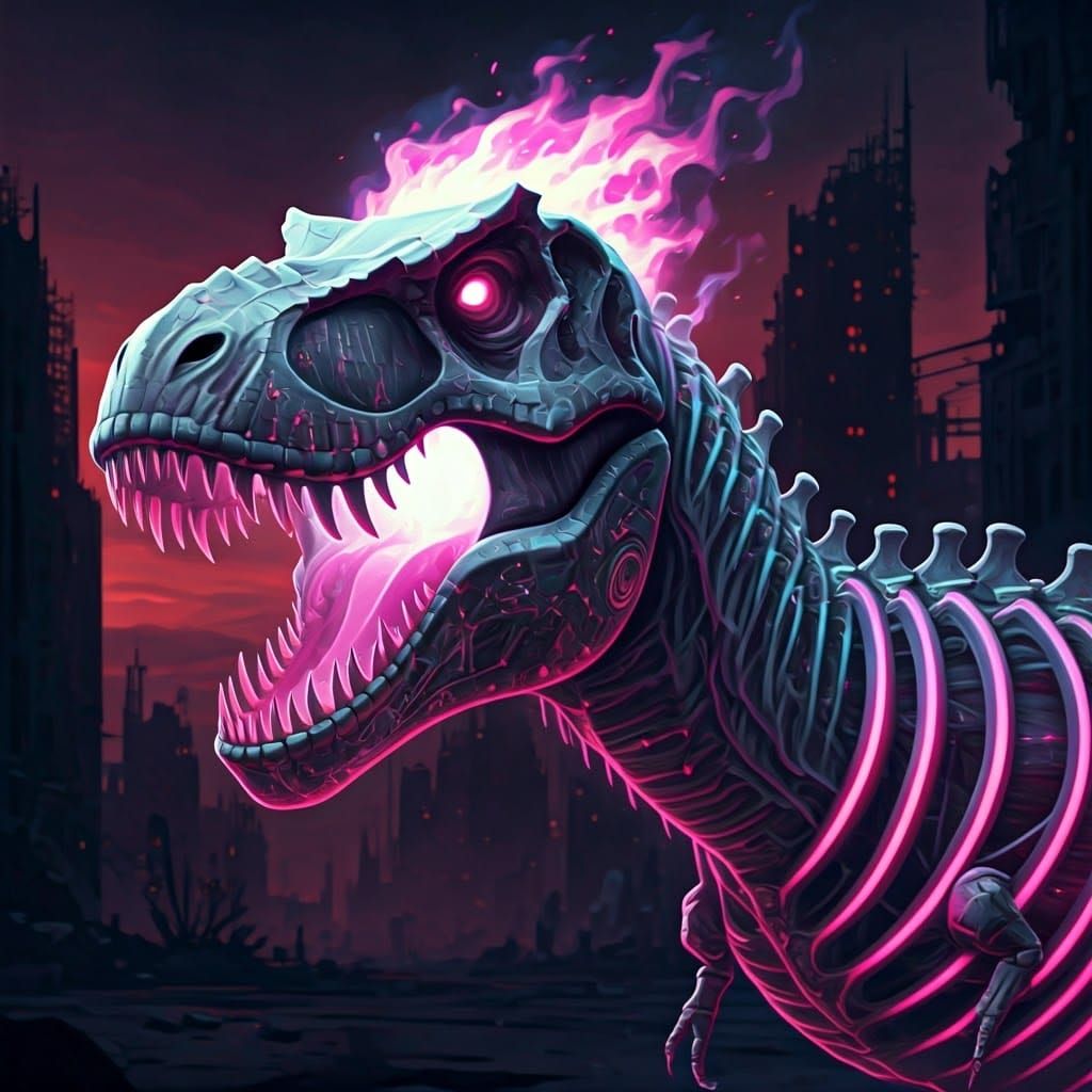 Neon Circuit Ghost Rider T-Rex in Cyberpunk City