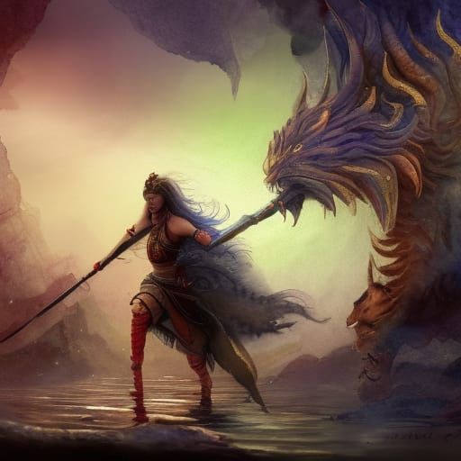 Warrior's Embrace: A Detailed Watercolor Fantasy