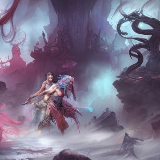 Warrior's Embrace: A Watercolor Fantasy Scene