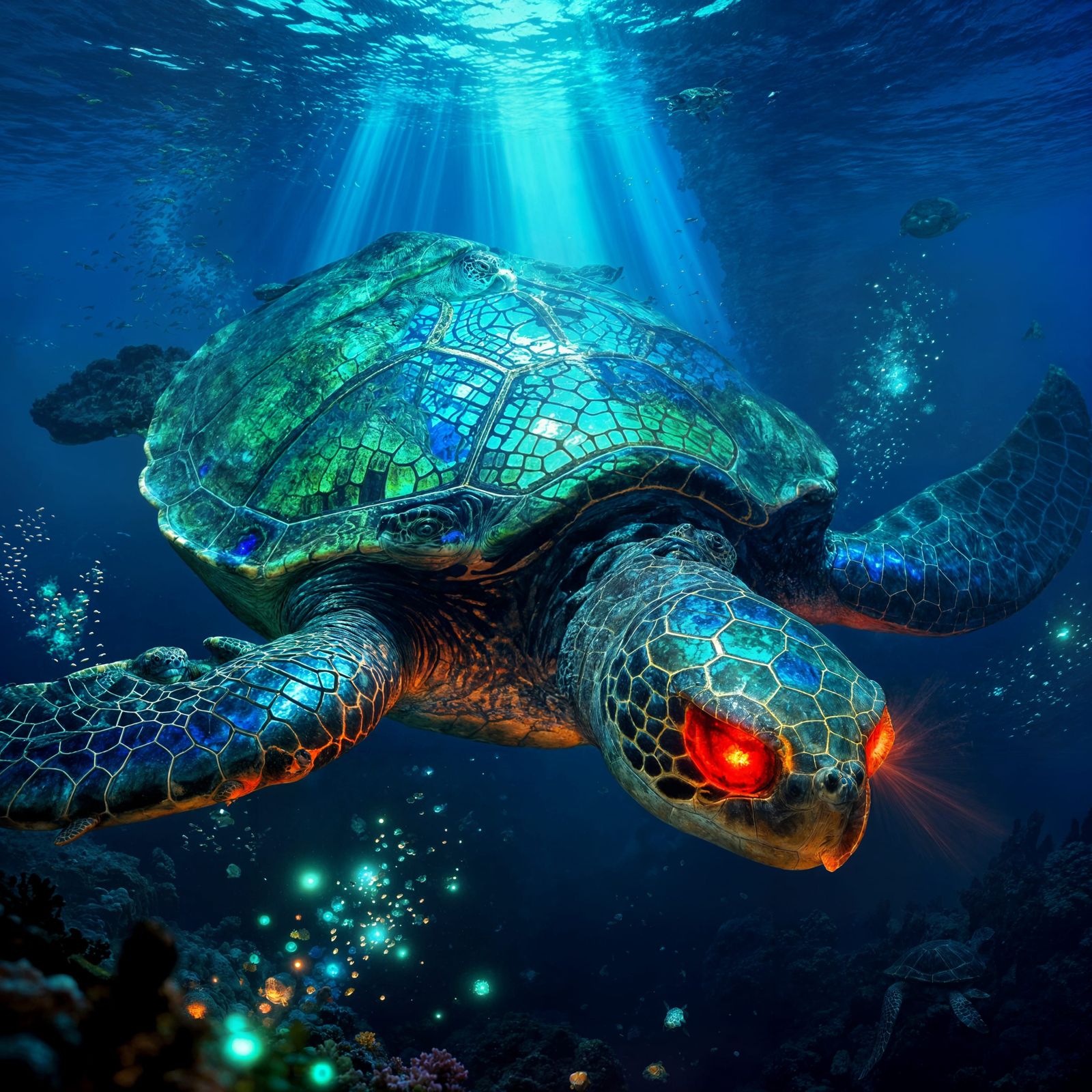 Giant Demonic Sea Turtle with Fiery Red Eyes