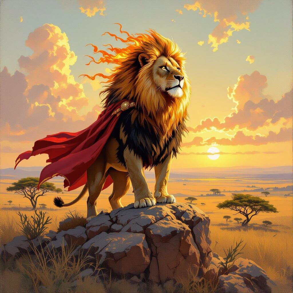 Fiery Lion King on Savannah in Oil Painting Style