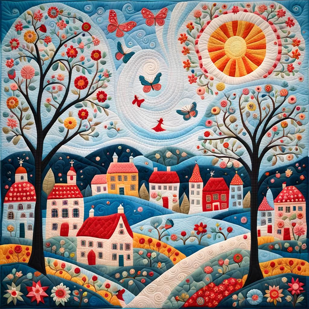 Whimsical Bohemian Quilt Scene in Vibrant Folk Art Style