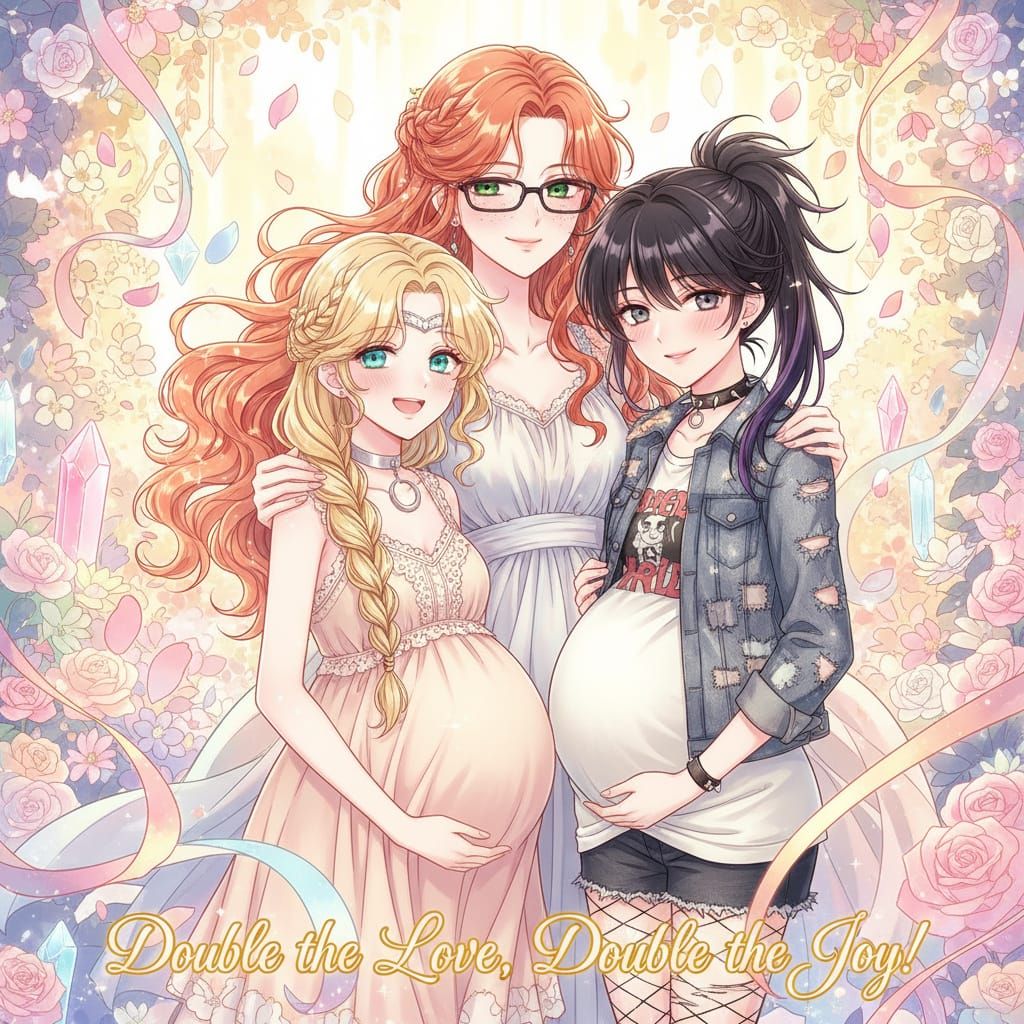 Shoujo Anime Embrace: Affectionate Trio Awaiting Births