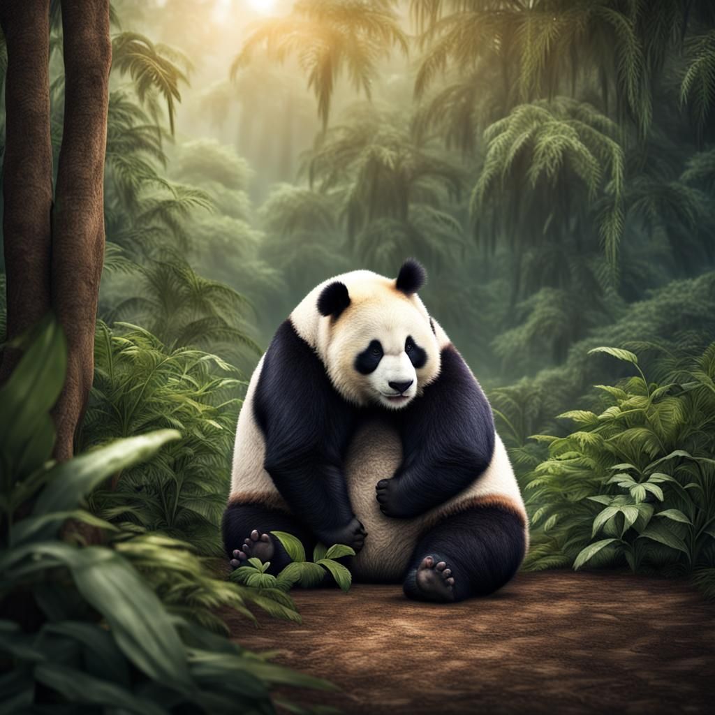 Panda and Friend Hugging in Jungle, Hyperrealistic Image