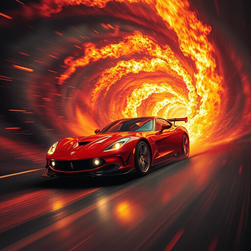 Red Sports Car Speeds Through Fiery Dreamscape