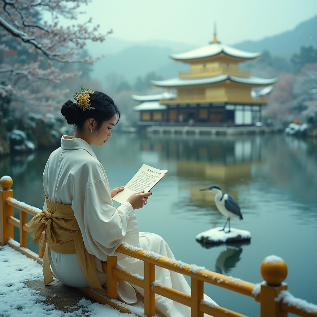 Golden Kyoto Elegance: Noble Lady in Snowy Serenity