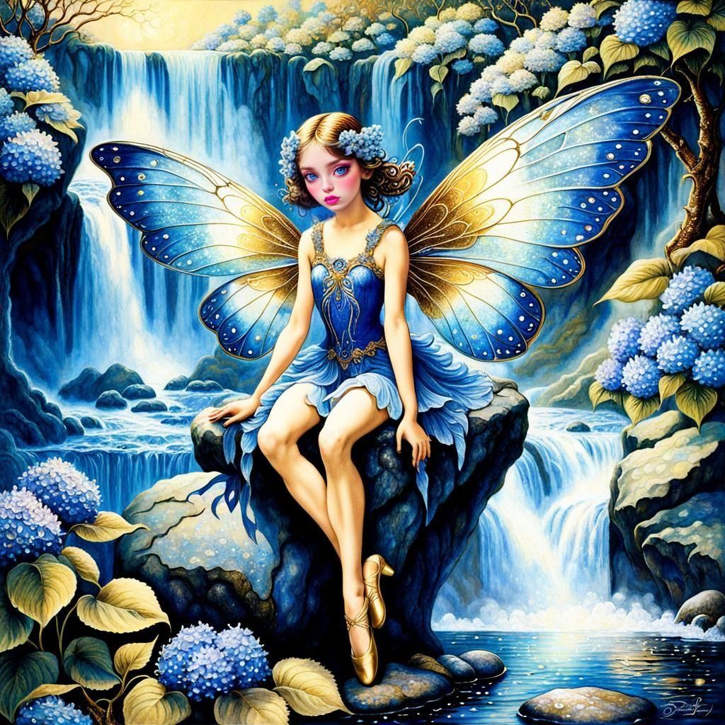 Blue Fairy by Waterfall: Art Nouveau Fantasy