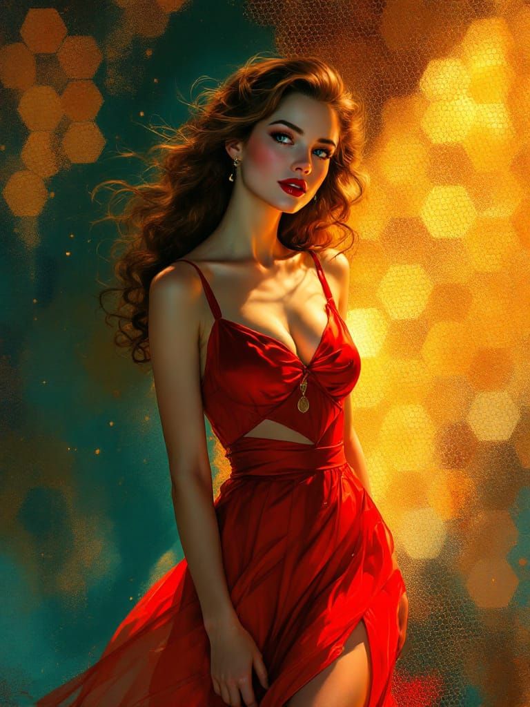 1950s Pin-Up Woman in Red Dress with Golden Honeycomb Overla...