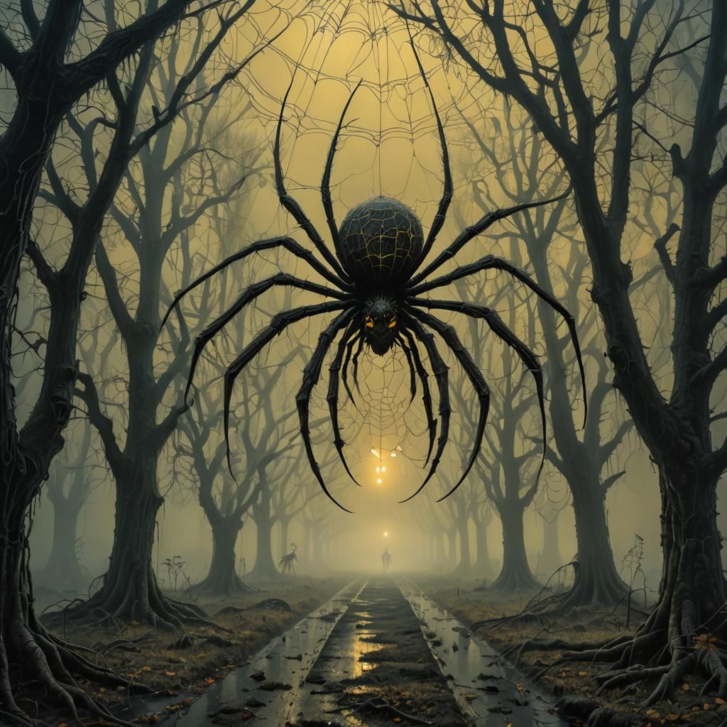 Giant Spider in Misty Forest, Surrealist Art